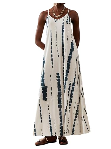 Women's Summer Dress for Women Beach Casual Loose Spaghetti Strap Flowy Maxi Dresses with Pockets