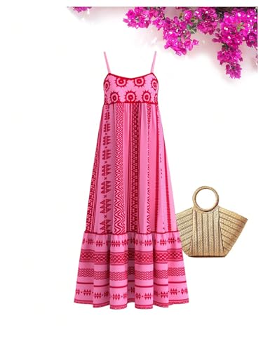 Women's Summer Boho Printed Maxi Dress Spaghetti Strap Ruffle Hem Flowy Long Cami Dresses Sundress