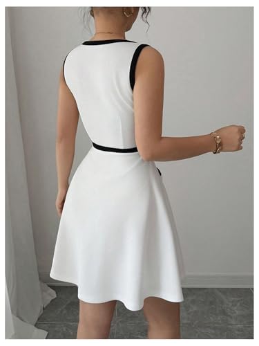 Women's Summer Sleeveless Knitted Mini Dress Button Color Block Party Short Dresses