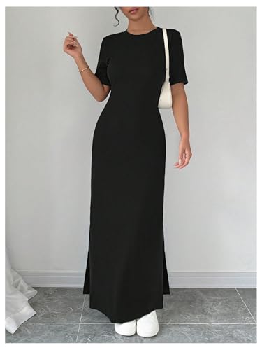 Women's Summer Dress Crew Neck Short Sleeve Split Casual Bodycon Long Dresses