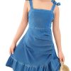Girl's Sleeveless Ruched Ruffle Hem Denim Dress Bow Cute A Line Summer Dress