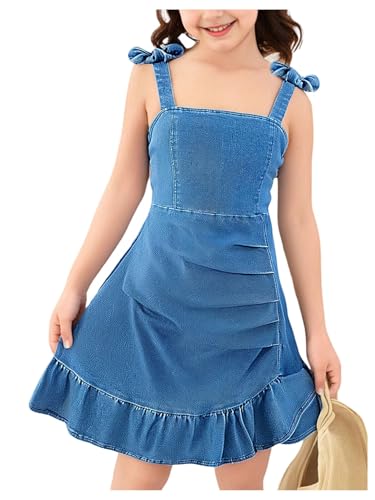 Girl's Sleeveless Ruched Ruffle Hem Denim Dress Bow Cute A Line Summer Dress