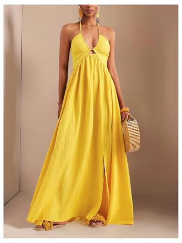 Women's Summer Halter Maxi Dress Sleeveless V Neck Split A Line Flowy Long Dresses Vacation Sundress
