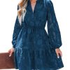 Women Ruffle Lace Mini Fall Dresses Semi Formal Wedding Guest Dress V Neck Long Puff Sleeve Elastic Waist Tie