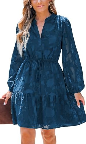 Women Ruffle Lace Mini Fall Dresses Semi Formal Wedding Guest Dress V Neck Long Puff Sleeve Elastic Waist Tie