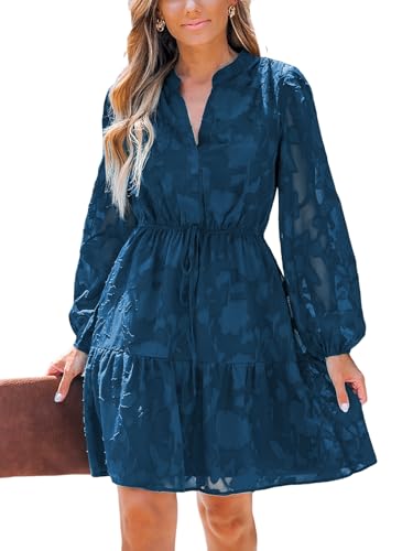 Women Ruffle Lace Mini Fall Dresses Semi Formal Wedding Guest Dress V Neck Long Puff Sleeve Elastic Waist Tie