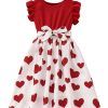 Girl's Cute Heart Print Belted High Waist Ruffle Hem Flared A Line Short Dress
