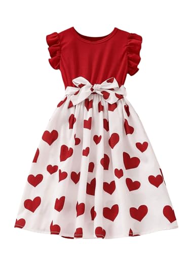 Girl's Cute Heart Print Belted High Waist Ruffle Hem Flared A Line Short Dress