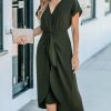 Women's V Neck Wrap Dress Twisted Slit Pleated Waist Tie Short Sleeve Summer Midi Dresses