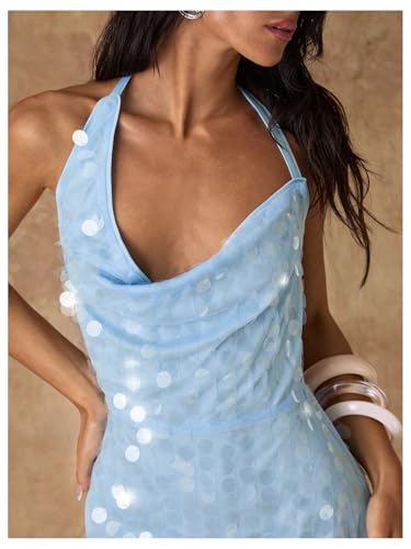 Women's Sequin Sparkly Halter Mini Dress Cowl Neck Draped Backless Sleeveless A Line Party Summer Dresses