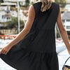 Women's Ruffle Beach Mini Dress Split V Neck A Line Sleeveless Geometric Stripe Tropical Leaf Pattern Summer Dresses