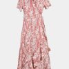 Women Summer Maxi Dress V Neck Short Sleeve Floral Print Wrap Slit Beach Casual Dress