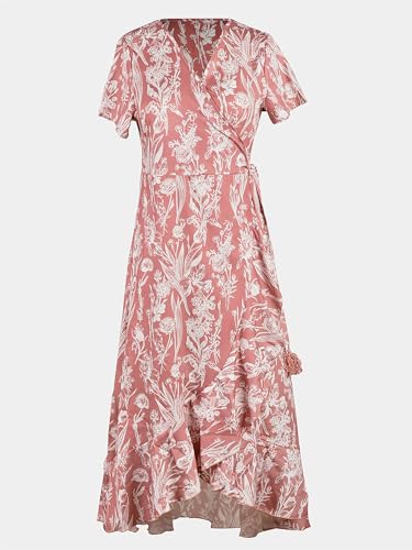 Women Summer Maxi Dress V Neck Short Sleeve Floral Print Wrap Slit Beach Casual Dress