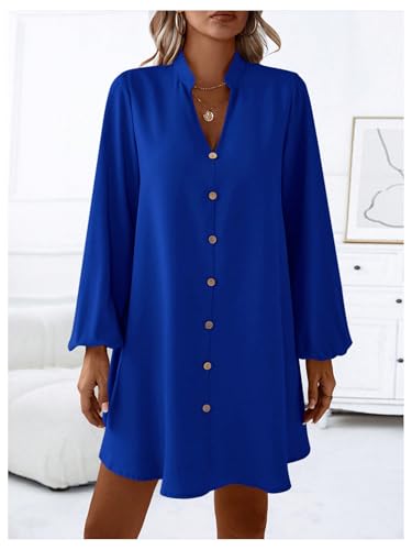 Women's V Neck Pullover Shirt Dress A Line Long Lantern Sleeve Flared Loose Mini Dresses