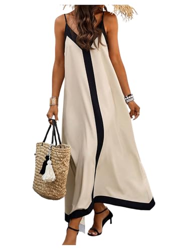 Women's Spaghetti Strap V Neck Color Block A Line Vacation Maxi Dress