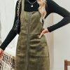 Faux Suede Mini Fall Dresses for Women Square Neck Pull Ring Zipper Front Pockets Wide Straps Casual Autumn Dress