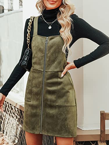 Faux Suede Mini Fall Dresses for Women Square Neck Pull Ring Zipper Front Pockets Wide Straps Casual Autumn Dress