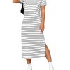 Women's Striped T Shirt Dress Crewneck Short Sleeve Split Hem Summer Midi Dresses