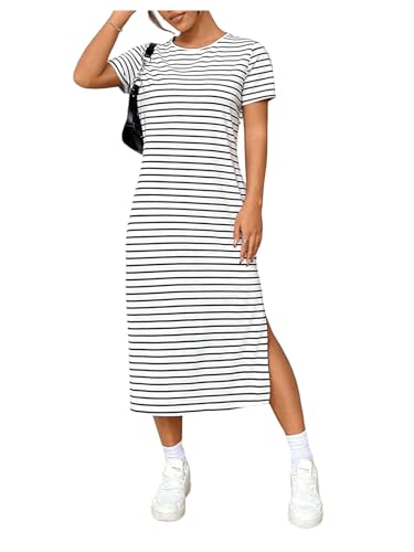 Women's Striped T Shirt Dress Crewneck Short Sleeve Split Hem Summer Midi Dresses