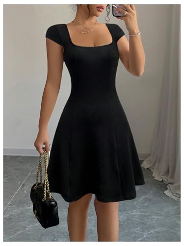 Women's Summer Dress Square Neck Cap Sleeve A Line Flared Short Dresses