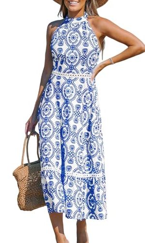 Women's Midi Dress Halter Paisley Sleeveless Cutout Waist Long Beach Boho Summer Dress