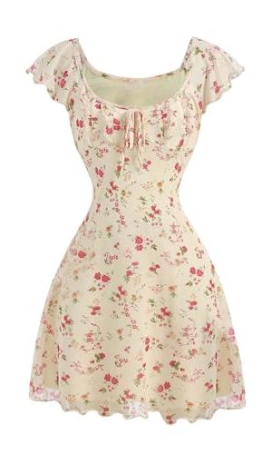 Girl's Floral Print Mesh Summer Dresses Tie Front Ruffle Sleeve A Line Short Dress