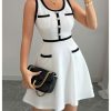 Women's Summer Sleeveless Knitted Mini Dress Button Color Block Party Short Dresses