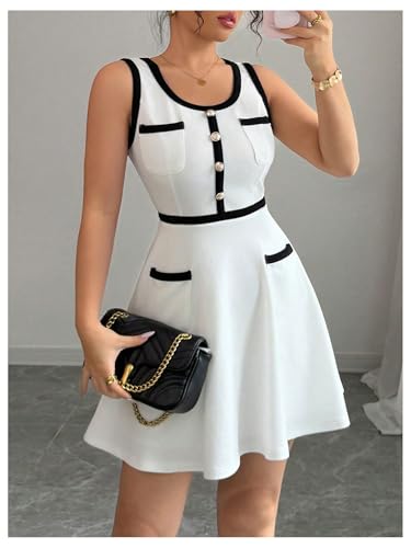 Women's Summer Sleeveless Knitted Mini Dress Button Color Block Party Short Dresses