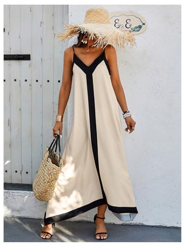 Women's Spaghetti Strap V Neck Color Block A Line Vacation Maxi Dress