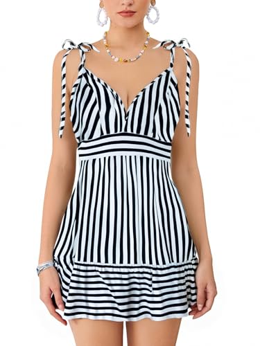 Women's Striped Sleeveless Spaghetti Strap Mini Dress V Neck A Line Short Sundress
