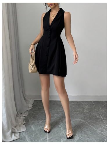 Women's Summer Mini Dress Button Down Sleeveless Collared V Neck Business Casual A Line Dresses