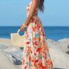 Women's Vacation Summer Dresses Tropical V Neck Elastic Waist Sleeveless Spaghetti Strap Smocked Maxi Dress