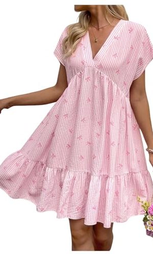 Women's Summer V Neck Short Smocked Dress Striped Bow Print Ruffle Flowy Vacation Dresses