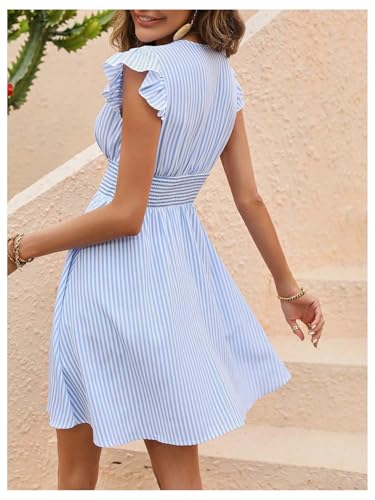 Women's Summer Party Striped Dress Ruffle V Neck A Line Flowy Beach Mini Dresses