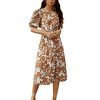Women's Boho Floral Puff Sleeve Cut Out Dress Tie Back A Line Midi Dresses