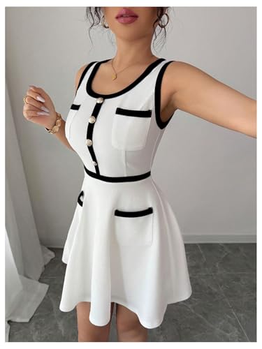 Women's Summer Sleeveless Knitted Mini Dress Button Color Block Party Short Dresses