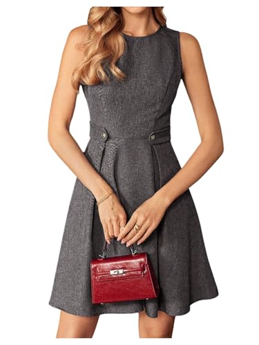 Women's Sleeveless Dresses Elegant A-Line Button Loop Decor Round Neck Sundresses