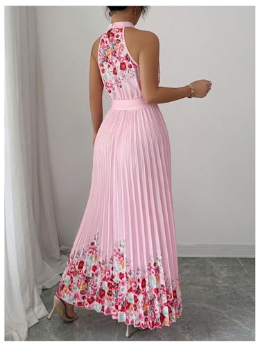 Women's Summer Floral Halter Maxi Dress Sleeveless Pleated A Line Flowy Belted Long Dresses