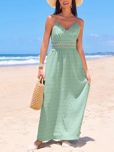 Women Backless Maxi Beach Summer Dress V Neck Lace Cutout Back Tie Spaghetti Strap Casual Wedding Guest Dresses