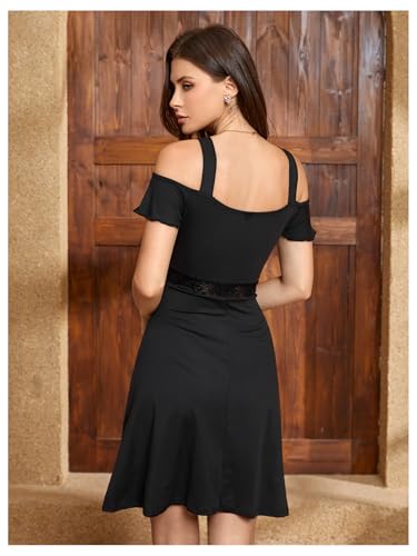Women's Cold Shoulder A line Dresses V Neck Ruffle Short Sleeve Cut Out Short Dress
