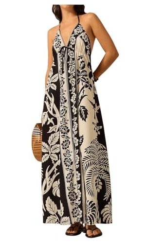 Women's Boho Floral Print Maxi Dress Halter Backless Flowy Long Vacation Beach Summer Dresses