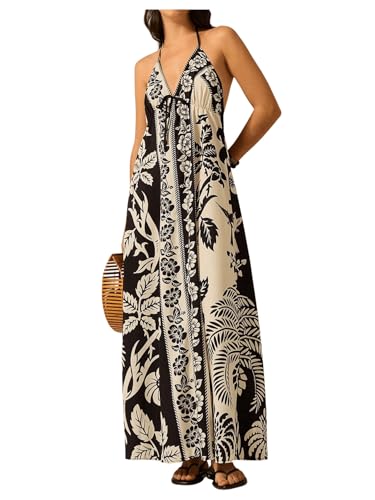Women's Boho Floral Print Maxi Dress Halter Backless Flowy Long Vacation Beach Summer Dresses