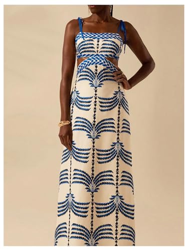 Women's Summer Maxi Dress Boho Print Tie Shoulder Spaghetti Strap Cut Out Tie Back Cami Dresses Sundress