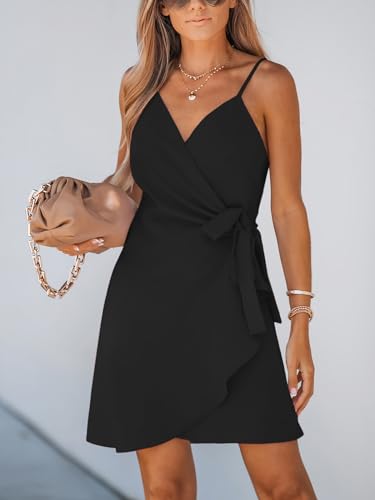 Women Spaghetti Strap Summer Dress Surplice V Neck Wrap Waist Tie Casual Beach Sundress Holiday Vacation Mini Dress