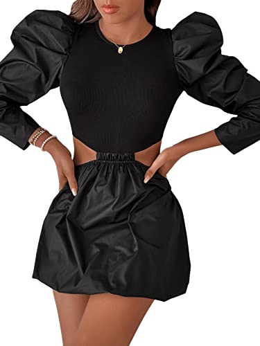 Women's Long Puff Sleeve Short Dress Cut Out Waist Slim Fit Dresses