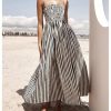 Women's Summer Striped Maxi Dress Spaghetti Strap Shirred A Line Flowy Long Cami Dresses Sundress with Pockets