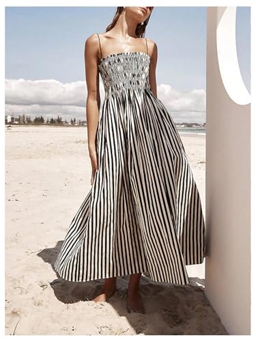 Women's Summer Striped Maxi Dress Spaghetti Strap Shirred A Line Flowy Long Cami Dresses Sundress with Pockets