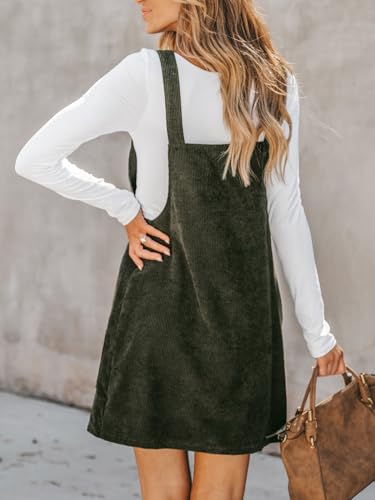 Women Corduroy Fall Dresses Front Bib Pocket Square Neck Wide Strap Casual Overall Mini Dress