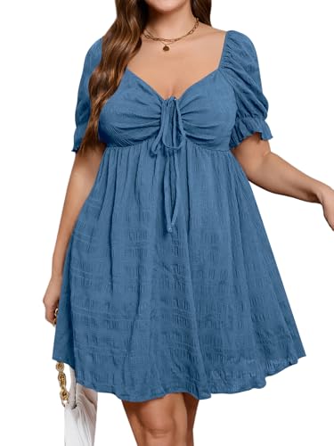 Womens Plus Size Dresses Summer Sexy Sundresses Sweetheart Neckline Puff Short Sleeve A Line Midi Dress