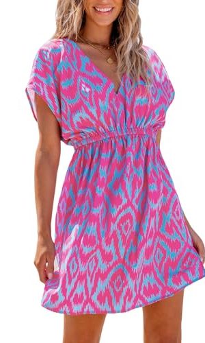 Women's Swimsuit Coverup Casual V Neck Beach Dress Short Sleeve Elastic Waist Swimwear Cover Ups 2025 Beachwear